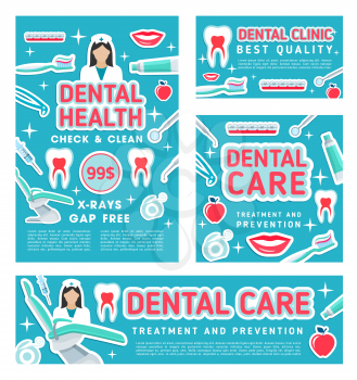 Dental care, dentist clinic. Vector design of doctor and exodontia items of implants and orthodontic braces, pills or toothbrush and syringe with mirror, white smile teeth