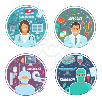 Urologist, surgeon or oncologist and therapist doctors staff. Vector medicine urology, surgery or oncology and therapy treatment, stethoscope, syringe and cancer pills, X-ray