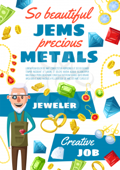 Jeweler profession, man expert in jewelry and gemstones. Vector cartoon gems, golden rings and bijou necklaces, earrings with crystals of ruby, sapphire and emeralds