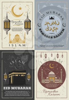 Islam religious holidays greeting cards, Ramadan Kareem and Eid Mubarak. Vector retro posters of Muslim mosque and religion symbols of Arabic script writings or lanterns and crescent moon