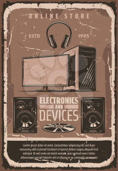 Electronic devices and multimedia retro poster for online store. Vector vintage design of audio sound systems, video and music players or TV television, headphones and smart appliances