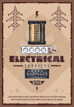 Electrical service vintage poster for electricity power and energy industry. Vector retro design of electric reel and electricity consumption gauge for high voltage posts