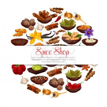 Spices and herbs in bowls poster of herbal seasonings. Vector tamarind, or vanilla and chili pepper, cinnamon and cardamom or cloves seeds and ginger, Indian curry or anise and turmeric with nutmeg
