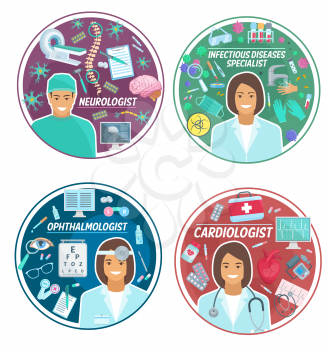Cardiology, neurology or ophthalmology medicine and infectious disease icons. Vector cardiologist, ophthalmologist or neurologist doctor medical items and virus or bacteria treatment pills