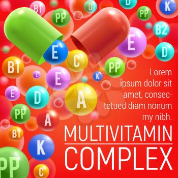 Multivitamin complex poster of vitamins and minerals for healthy life or medical dietary supplement advertisement. Vector design of vitamins A, C or D and E pills and 3D capsules