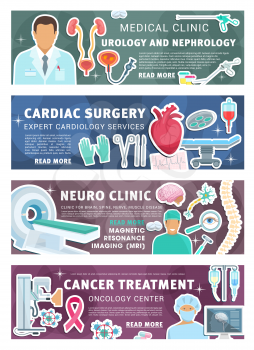 Cardiology, neurology or urology and cancer healthcare medicine banner. Vector cardiologist, urologist or neurologist doctor medical items and oncology treatment pills, joint bones and body organs