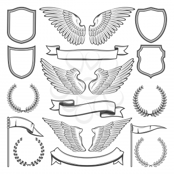 Heraldic icons constructor of bird wings, shields or ribbons and laurel. Vector isolated sketch set of heraldry symbols for royal premium and luxury design or tattoo