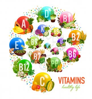 Vitamins in fruits, vegetables and nuts poster or multivitamin complex. Vector healthy vitamins in pineapple or orange fruit, cauliflower and tomato vegetable capsules or coconut and walnut minerals
