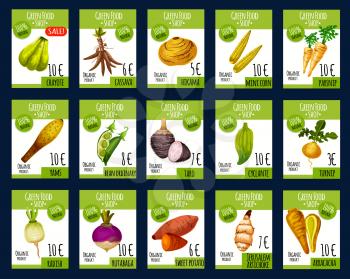 Exotic vegetables price cards for farm market. Vector chayote, cassava or hikama tuber, corn and parsnip or yam and beans, organic taro, cyclante or turnip and radish or rutabaga