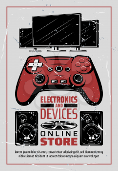 Electronic devices online store poster in retro vintage design. Vector multimedia audio sound systems, video and music players or TV television, computer game console and joystick and smart appliances