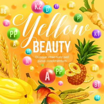Yellow color beauty diet poster for healthy eating and detoxification nutrition program. Vector vitamins and minerals in yellow vegetable food, cereals and tropical exotic fruits