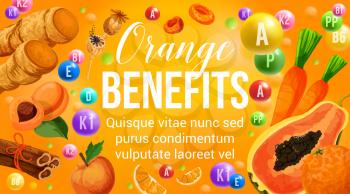 Orange diet food vitamins in natural fruits and vegetables for healthy nutrition and organic food eating program. Vector poster of orange citrus, papaya or apricot and ginger with cinnamon