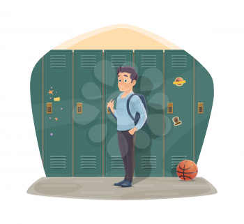 Pupil in locker room with school bag and basketball ball. Vector design for Back to School season of college boy with backpack for gymnasium training