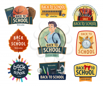 Back to School posters or icons for autumn education season promo sale store design. Vector college student boy with school bag and stationery or lesson books and bus or sport rugby ball
