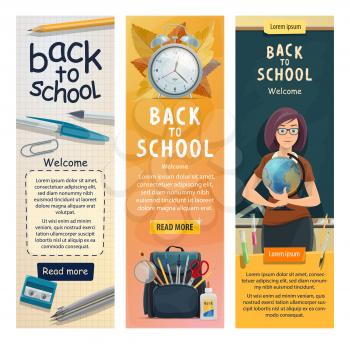 Back to School banners for education season. Vector welcome design of geography teacher woman with globe at class room blackboard with stationery and books in school bag