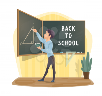Pupil in classroom study geometry with mathematics formula on blackboard. College or school boy in class with book, ruler and chalk for Back to School season vector design
