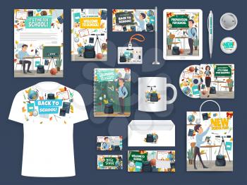 Back to School education and study promo stationery mockups. Vector advertisement materials notebook, T-shirt or flag and cup mug, pen or badge and envelope for office supplies with school design