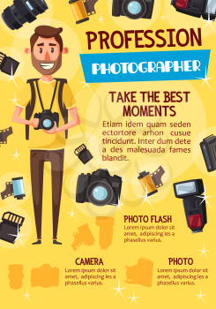 Professional photographer with photo camera, photography profession theme. Young man journalist, surrounded by digital camera, flash and lens, memory card and photo film. Vector