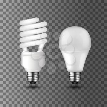 Energy saving realistic vector light bulbs on transparent background. Compact fluorescent light bulb and light emitting diode LED. Energy saving and ecology themes design