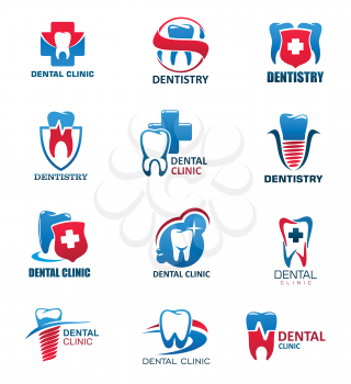 Dentistry medicine icons, dental clinic and tooth health design. Teeth and implant, protected by shield with cross, heartbeat line and shining star isolated symbols. Health care vector design
