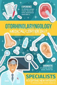 Otorhinolaryngology medical clinic, otorhinolaryngologist doctor or ENT surgeon. Hospital and diagnostic center of ENT diseases with medical tools, nose, ear and throat organs