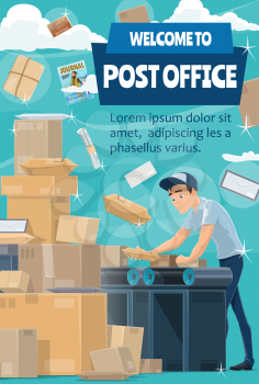 Welcome to post office poster. Mail delivery service. Postman or mailman with letter, parcel and package, postal box, envelope and correspondence, newspaper and journal. Vector illustration
