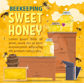 Sweet honey, beekeeping farm product and organic dessert. Bees flying around beehive with jar of natural honey, honeycomb frame and apiary smoker banner. Apiculture theme vector illustration