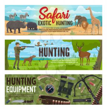 Hunting sport, hunter equipment, african safari and forest animals. Huntsman hunting to duck, deer and hare, elephant, lion and giraffe. Rifle, weapon and compass, knife and binoculars. Vector design
