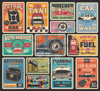 Car service retro grunge cards for transportation and auto repair garage themes design. Vintage signboard for car washing, tire fitting and motor oil shop, gas station, auto painting and taxi service