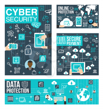 Cyber data protection and secure payment. Online antivirus programs and safe Internet infographic elements with outline icons of modern devices and gadgets vector info details