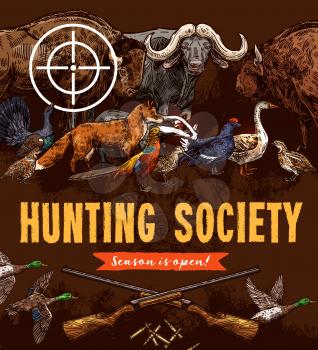 Hunting sport poster, animals and birds sketches. Vector wild ducks, buffalo and boar, fox and bison, goose, woodcock and turkey, quail and pheasant, partridge and grouse under target of gun