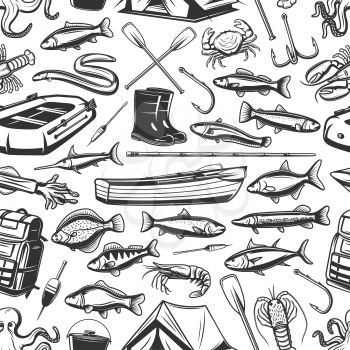 Fish and fishing gear monochrome seamless pattern. Inflatable and wooden boats, rod, hook, boots and backpack, bait and tent. Vector scad, mackerel and tuna, hake, sardine and sea eel