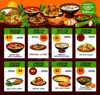 Indian cuisine menu, dishes and prices. Vector lemon rice with cashews and vegetable jalfrezi, murgus badams shorba, potato salad with spinach, rice with curry and bhuna cumb, pea soup puree