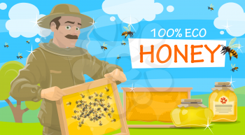 Honey beekeeper in protective outfit holding honeycomb in hands. Jars of natural honey and flying bees vector. Beemaster or beekeeper at apiary taking honey, leaflet for beekeeping farm theme