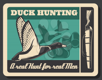 Duck hunting sport poster, flying bird and gun. Silhouette of wildlife ducks and rifle shotgun. Hunting club badge, poultry as trophy. Vector male hobby with weapon and binoculars, retro style