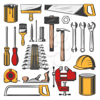 Construction tools set, vector icons. Carpentry and building, professional toolbox with tools. Vector hammers and screwdrivers, rulers and wrenches, hard hat, paint brush, saws and spatula icons
