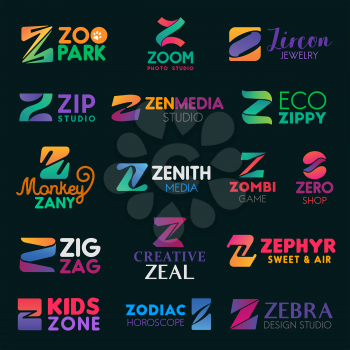 Z letter icons and signs, vector identity elements. Zoo and zoom studio, zenith and zen media, zombie game and shop, zig zag, zephyr sweets and zodiac, kids zone and zebra, zany monkey