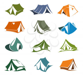 Camping and hiking tents icons, mountaineering sport and extreme tourism. Outdoor adventure cabins vector symbols. Portable waterproof dwelling, symbols of rock and mountain exploration