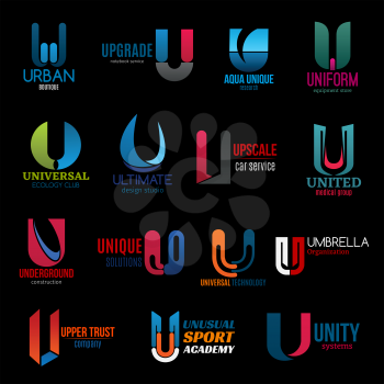 U letter business identity icons. Technology and food, medicine and transportation, computer and sport, design and travel icons
