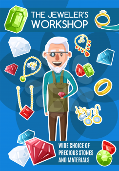 Jewelers workshop, vector. Goldsmith man with eyeglass magnifier and jewelry items. Gem stones and gold ring with jewels and diamonds. Golden earrings and sapphire or emerald necklace pendant