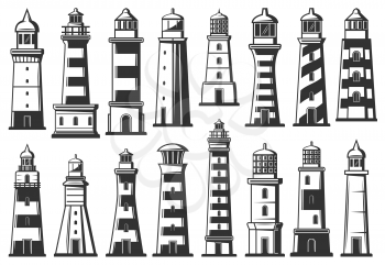 Sea lighthouse and marine beacons vector icons. Nautical striped towers navigation for ships and vessels. Tall lighthouses buildings with light signal on top, monochrome vector