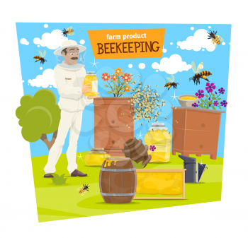 Beekeeping farm, beekeeper near honeycomb on apiary. Mustached apiarist in protective uniform and hat holding honey in jar and bee around flowers and barrels, apiculture farm. Organic honey vector
