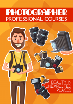 Photographer, freelancer, photojournalist, professional courses and equipment. Man with digital camera and photo items, lens and flash, photo film roll and memory card. Cartoon vector