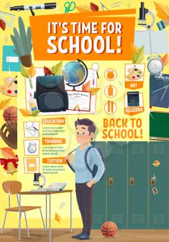 Back to School education season poster with student boy and school stationery or sport locker room. Vector college or university design of geometry, algebra or mathematic lesson books and alarm clock