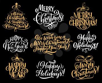 Merry Christmas lettering calligraphy for Xmas and Happy New Year greeting card. Vector design of Christmas tree with star decoration and gift or candy cane for winter holidays celebration