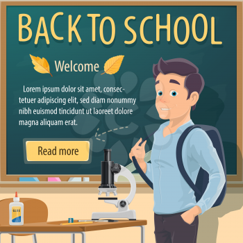 Back to School poster or student boy study chemistry or biology at classroom lesson. Vector school boy at blackboard with backpack bag, chalk and glue or autumn September leaf for school sale store