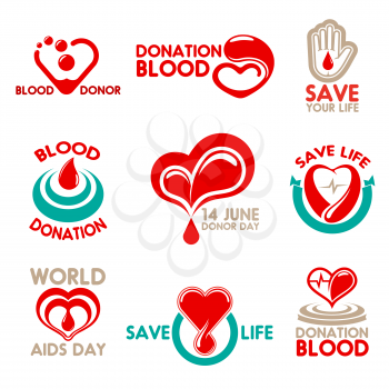 Blood donation icons for World Blood Donor Day symbol. Red drop, heart and helping hand, isolated badge, decorated by heartbeat and ribbon banner for transfusion laboratory design