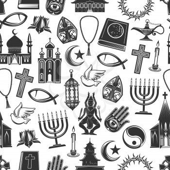 World religion symbols and religious signs seamless pattern. Vector background of Christianity crucifix cross, Orthodox or Catholic bible, Judaism star and Islam Koran or Buddhism and Hinduism temples