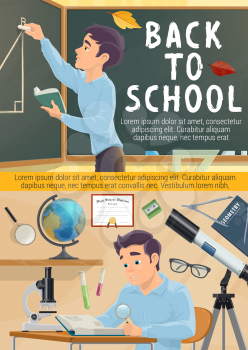 Back to School poster or student boy at classroom lesson. Vector education study of geometry formula on chalkboard, biology microscope or astronomy telescope and chemistry tests or geography globe