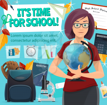 Back to School poster for education season time. Vector design od teacher with geometry globe, study diploma, school bag or backpack, biology or chemistry microscope, pens and books